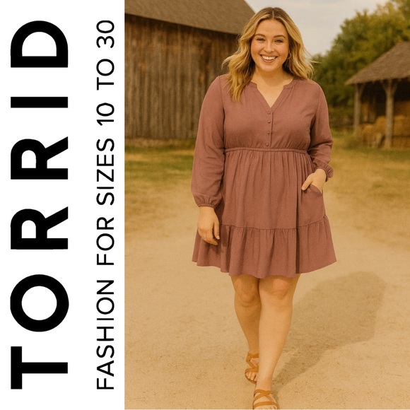 Torrid Mauve Mini Challis Ruffle Neck 3/4 Sleeve Lace Shirt Dress, Large, NWT! - Picture 1 of 16